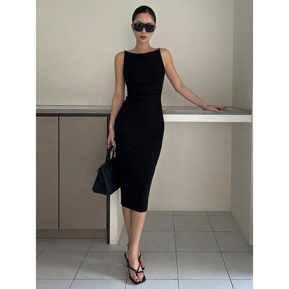 Black Sleeveless Midi Dress Bodycon Fit Minimalist Business Chic - Picture 1 of 2